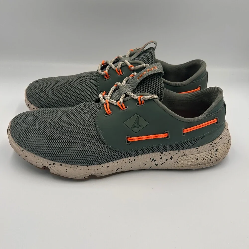 Sperry 7 SEAS 3-Eye Mens 9M Dark Green Orange Mesh Boat Shoes Sneakers STS19496